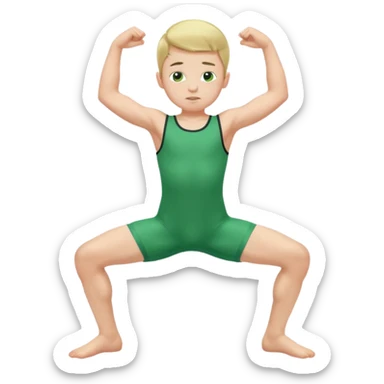 Little boy in a green sleeveless u-neck legless leotard flexing his arms and bending his knees sticker