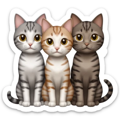 3 different coloured short haired cats including; a dark brown tabby and white cat, and a dark grey and white  sticker