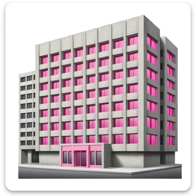 Brutalist concrete government building with one distinctive pink window and many standard windows sticker