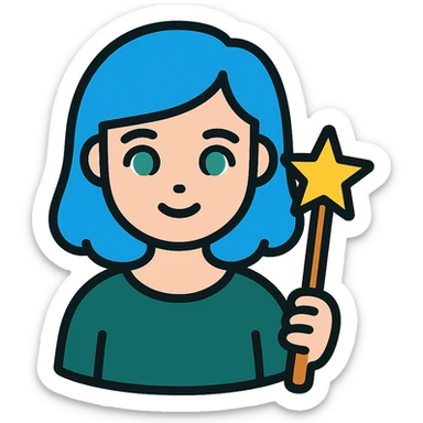 beautiful girl with blue hair and green eyes, holding a magic wand, wearing a dark green dress, color icon style sticker