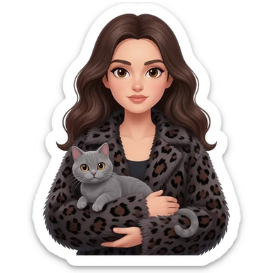 kitten grey colour inarms A stylish young woman with long, wavy dark brown hair and defined, expressive eyebrows. She has deep brown eyes with a calm, aesthetic gaze. She is wearing a chic, oversized dark leopard-print faux fur coat.modern, high-fashion, and slightly mysterious vibe.8k resolution. sticker