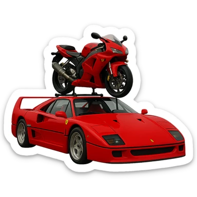 Add visible supports holding up the red motorcycle on the roof of the realistic F40. The background should be transparent, isolating the subject clearly. sticker