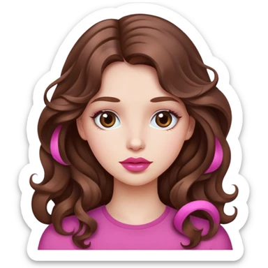 Can you generate a beautiful girl with a little bit pink and big lips,Wavy long brown hair  sticker