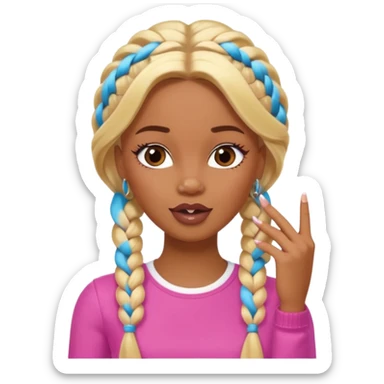 brown skin blonde barbie with two braids in front biting fingernail with long French tips  sticker