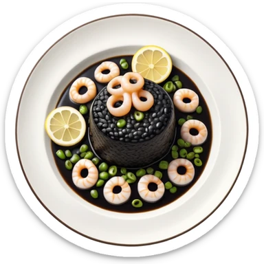 cinematic-realistic-black-risotto-dish,-showcasing-small squid pieces in black sauce -rendered-with-bold-textures-and-dynamic,-dramatic-lighting in a white plate with a grilled lemon on top sticker