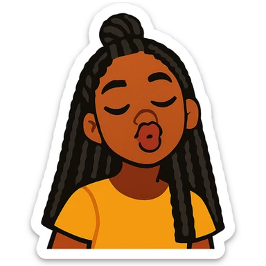 Black girl with long black braids, half up half down, puckering lips sticker