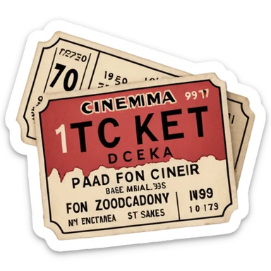 Minimalist emoji-style sticker of an old torn cinema ticket, with faded text “1 билет”, blood-stained edges and burn holes, grayscale paper

 sticker