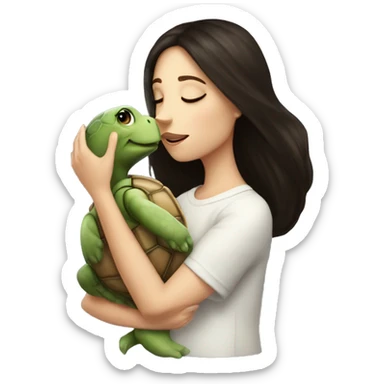 A white girl with dark hair kisses a little turtle sticker