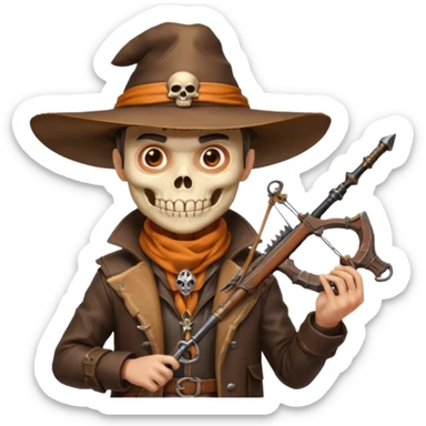male human monster hunter emoji, wearing brown leather coat and wide hat, holding crossbow or rifle, with amulet shaped like skull, Halloween fantasy theme, confident smile, orange scarf, Apple emoji style, clean white background, square image sticker