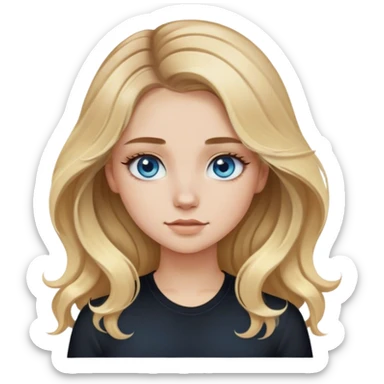 blonde polish girl, long wavy brown to blonde ombré hair in a middle part, long eyelashes, blue eyes, black shirt  sticker