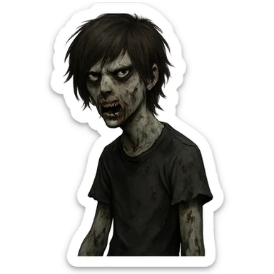 zombie boy, brown medium shaggy hair, emo style, dark and scary expression sticker