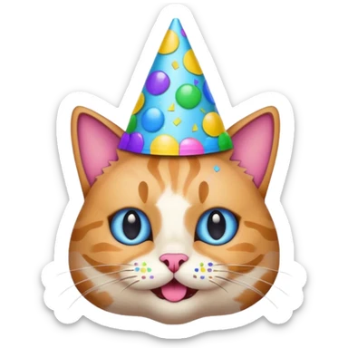a cat celebrating with confetti and party hat, fun emoji style sticker