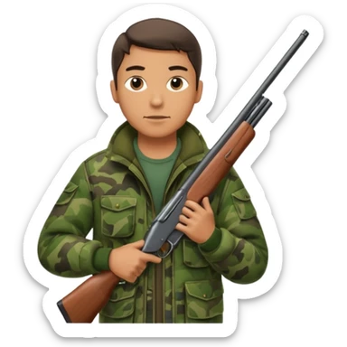male hunter with a shotgun slung over shoulder, confident stance sticker
