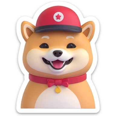 friendly Shiba Inu smiling wearing a red hat, bright and cheerful sticker