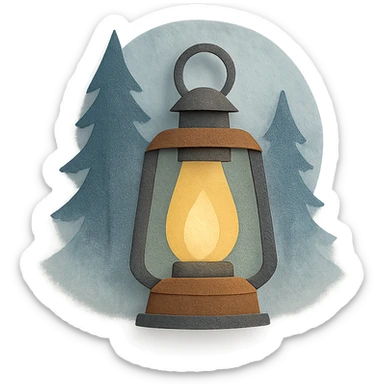 a lantern glowing softly in the misty woods, calm and dreamy feel, paper craft style sticker