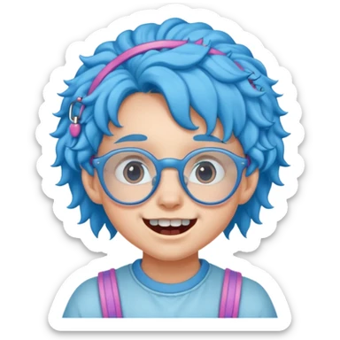 kid with teeth braces bunny eared blue haired curly big braces and glassess sticker