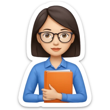 An asian brunette woman teacher with papers and laptop wearing glasses in blue and orange shirt sticker