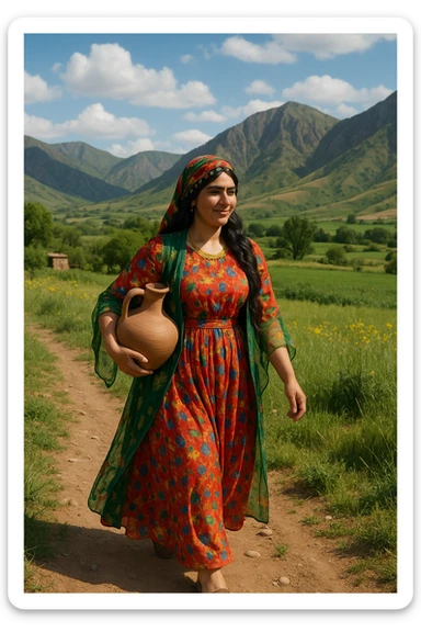 کوردی woman in colorful Kurdish clothes, holding a clay water jug, walking in a rural setting, mountains in background sticker