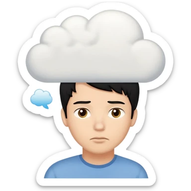 A thinking black hair male person with a white empty thought cloud sticker