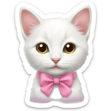 A white kitten wearing a pink bow sticker