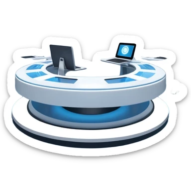 A futuristic workspace powered by an arc reactor, glowing blue and white, with holographic screens displaying creative content. Dynamic, high-tech, and inspired by Iron Man. sticker