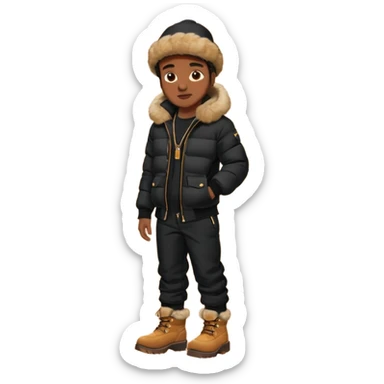 Handsome Black guy with brown skin tone, wear black joggers, a black bubble coat with a fur brim on the hood, and buckwheat timberland boots sticker
