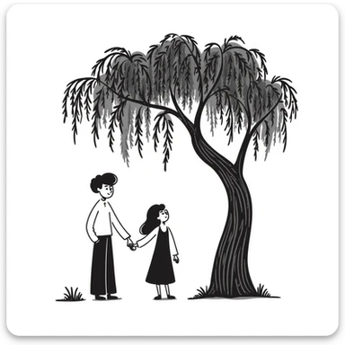 Hand-drawn romantic scene with two people holding hands under a tree sticker