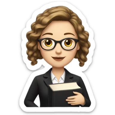 a white girl in a black suit and glasses holding a book. sticker