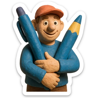 portrait of a positive stalker man wearing a baseball cap, holding a big pen in both arms, friendly expression in claymation style sticker