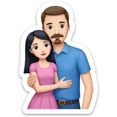 Tall white man with brown mustache goatee wearing blue hugging a short pale woman with long black hair wearing pink sticker
