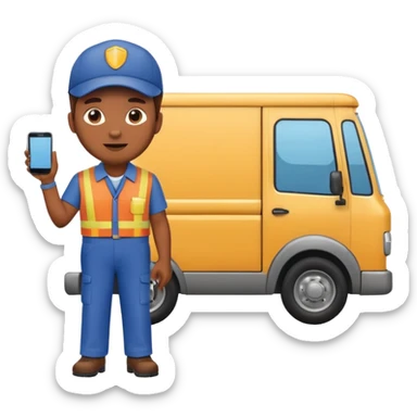 emoji of delivery truck with empty cargo area and a delivery man is standing nearby in waiting pose, dressed in work uniform sticker