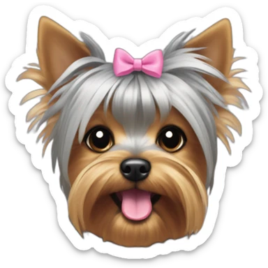 yorkshire terrier with grey hair with the tongue and two little pink hair-bow on the head sticker
