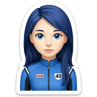 dark blue long hair woman with black racing outfit with blue strips sticker