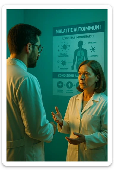 Foto tutta in italiano Realistic, detailed photo taken from behind of one doctor e un paziente —a bearded man and a middle-aged woman—standing and facing each other as they discuss an autoimmune disease diagnosis in front of a medical chart that displays information about the immune system and autoimmune conditions. The scene is illuminated by a yellowish, orange, warm light that softly envelops the doctors. The entire room is bathed in a single green-blue color, creating a cohesive and modern atmosphere. Both doctors wear white coats, and their body language suggests a serious, professional conversation about the complexities of autoimmune diseases. Shot with a Canon EOS R5, with high detail and natural depth of field. scritto in italiano sticker
