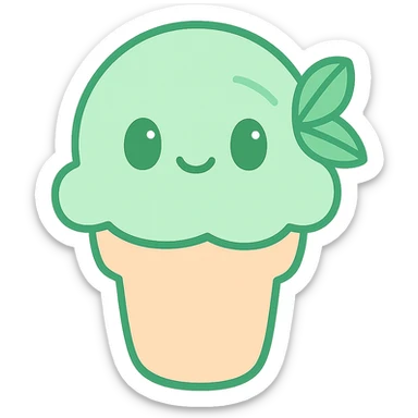mint ice cream cone with rounded cone (not pointed), light green ice cream scoop, mint leaf details, kawaii style sticker