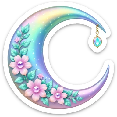 glossy Pastel iridescent floral shiny crystal crescent damask moon sticker