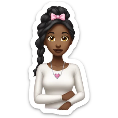 Black girl with long straight black hair and a white long sleeved top, pink bow in hair, white  crystal heart necklace  sticker