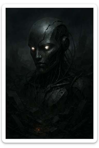 Futuristic AI head emerging from rubble, wires and debris, end-of-the-world vibe sticker