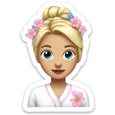 Blonde girl in white pyjamas with pink and blue flowers and her hair in a bun at the top of her head sticker