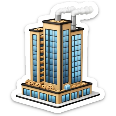 Outside view of a skyscraper-style cookie factory, multiple floors with glass walls, rooftop steam vents, vertical pipes running along the building edges, cookie logo on top, emoji-style sticker