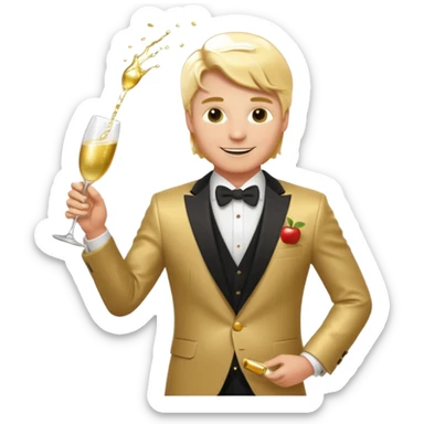 opulent healthy smart white man with golden hair, expensive suit, pouring champagne with a proud smile, apple style emoji sticker