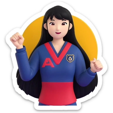 East Asian woman with long black straight hair and bangs wearing Doosan Bears team colors navy blue and red, cheering sticker