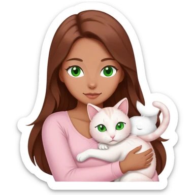 woman with very long brown hair and green eyes in a light pink outfit hugging a white cat sticker