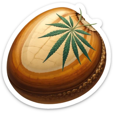 realistic cannabis seed, detailed macro close-up, textured surface with natural patterns, shades of brown and beige, oval-shaped, glossy shell, studio lighting, sharp focus, high-resolution photography, isolated on neutral background sticker