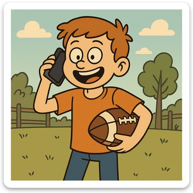 A cheerful cartoon style image of a teenage boy calling a friend to play football in an outdoor scene. sticker