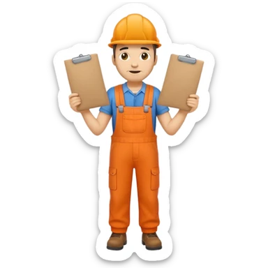 emoji style railway engineer full body in orange overalls, carrying one piece of paper with both hands in front of him sticker