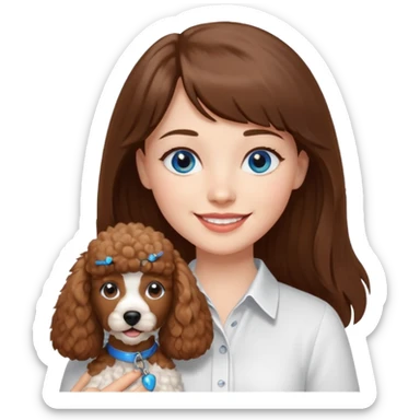 Kobieta z długimi brązowymi włosami, ma grzywkę i niebieskie oczy. Ubrana w białą koszulę. Trzyma na rękach brązowego pudelka. sticker