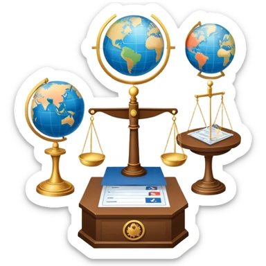 An icon featuring a podium with a speaker, a ballot box with a voting slip, and a globe, symbolizing political science. The design includes scales of justice and a world map in the background, representing governance and global politics. Transparent background highlights political analysis. sticker