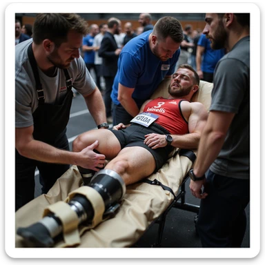 Powerlifter in competition clothing, lying on stretcher, medical staff immobilizing a leg, suffering expression, severe injury atmosphere, realistic details, competition area background. sticker