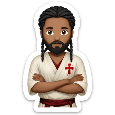 African American man with shoulder length black dreadlocks with black beard wearing a white blood stained white tunic with arms folded together across chest sticker